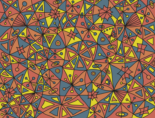 Красочный абстрактный рисунок с четырьмя рыбами и цветочными элементами в обесцвеченных цветах
 - Вектор,изображение