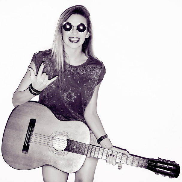happy musician woman with guitar - Foto, Imagen