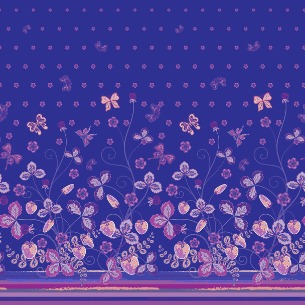 Vertical Seamless spring dark blue floral pattern with strawberries and leaves and pink butterflies  - Вектор, зображення