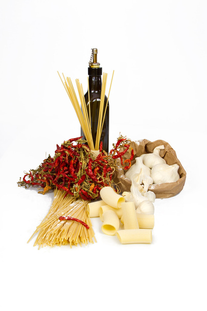 Pasta, garlic, olive oil and chilli on white background - Φωτογραφία, εικόνα