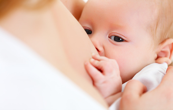 breastfeeding. mother holding newborn in embrace and breastfeed - Fotografie, Obrázek