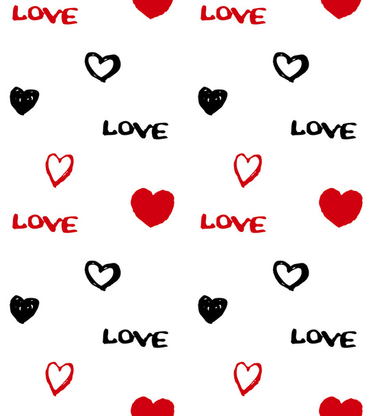 Naadloze patroon met hand getrokken hart symbolen en het woord Love - Vector, afbeelding