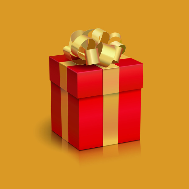 Red present box with golden ribbon bow. - Vektor, Bild