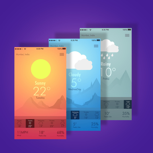 Mobile UI screens for Weather feature. - Vetor, Imagem