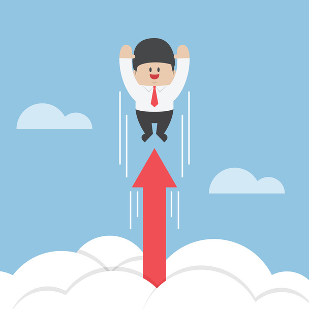 Businessman flying up through the clouds with growth arrow - Vector, Image