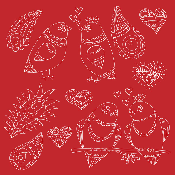Kissing birds, feathers and hearts for design - Vector, Imagen