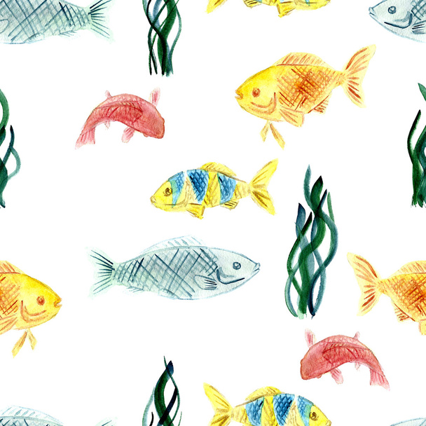 Watercolor fishes seamless raster pattern - 写真・画像