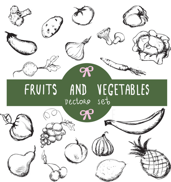 Vektori joukko käsin piirretty vuosikerta tuoreita hedelmiä ja vihanneksia
 - Vektori, kuva