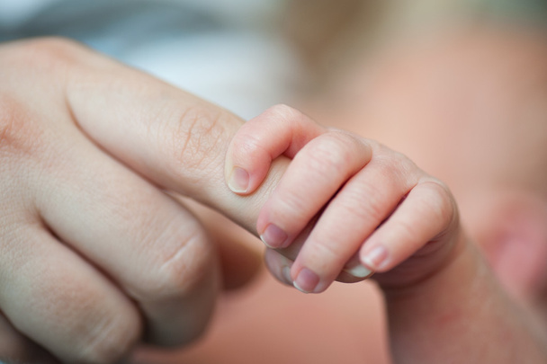 Close-up of baby's hand holding mother's finger with tenderness - Valokuva, kuva