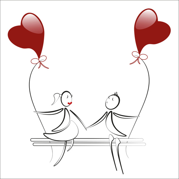 boy and girl sitting on the bench with red heart baloons - Vector, Image