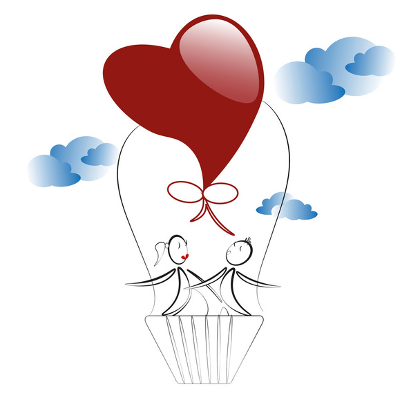 ρομαντικό αγόρι και κορίτσι με καρδιά baloon στο μπλε του ουρανού, του φορέα - Διάνυσμα, εικόνα