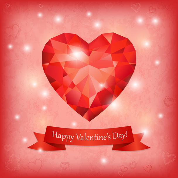 Greeting card with ruby heart, ribbon and lights - Vector, Imagen
