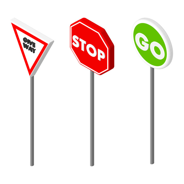 Isometric icons various road sign. European and american style design. Vector illustration eps 10. - Διάνυσμα, εικόνα