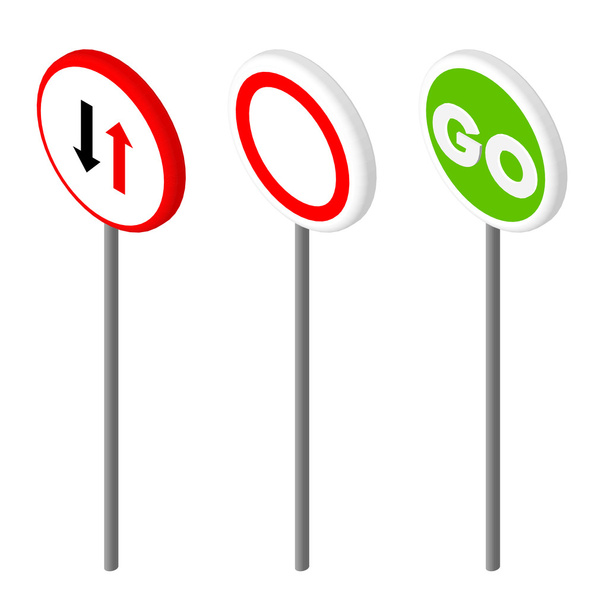 Isometric icons various road sign. European and american style design. Vector illustration eps 10. - Διάνυσμα, εικόνα