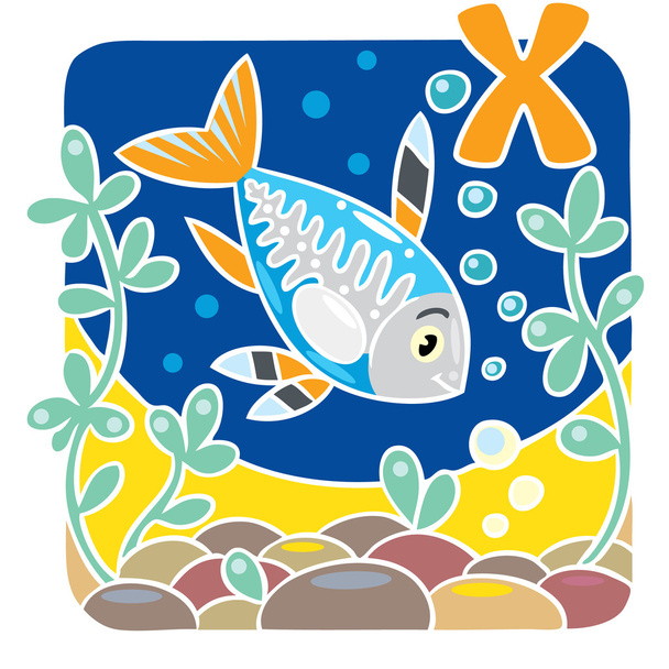 Ilustración infantil de peces de rayos X. Alfabeto X
 - Vector, Imagen
