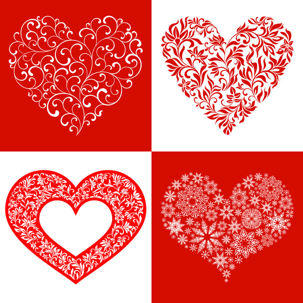 Set for Valentine's Day. Hearts of swirls, floral ornament and snowflakes - Vector, Image