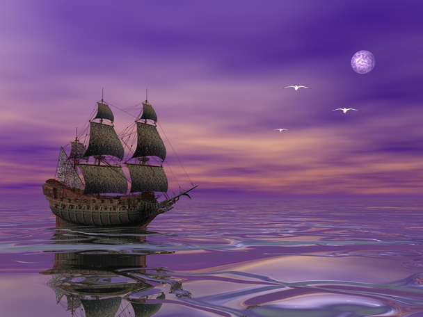 Holandés volador, barco pirata navegando a la luz de la luna
 - Foto, Imagen