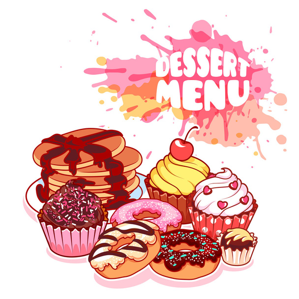 Dessert menu with different sweets: pancakes, donuts, chocolate  - Вектор,изображение