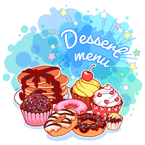 Dessert menu with different sweets: pancakes, donuts, chocolate  - Διάνυσμα, εικόνα