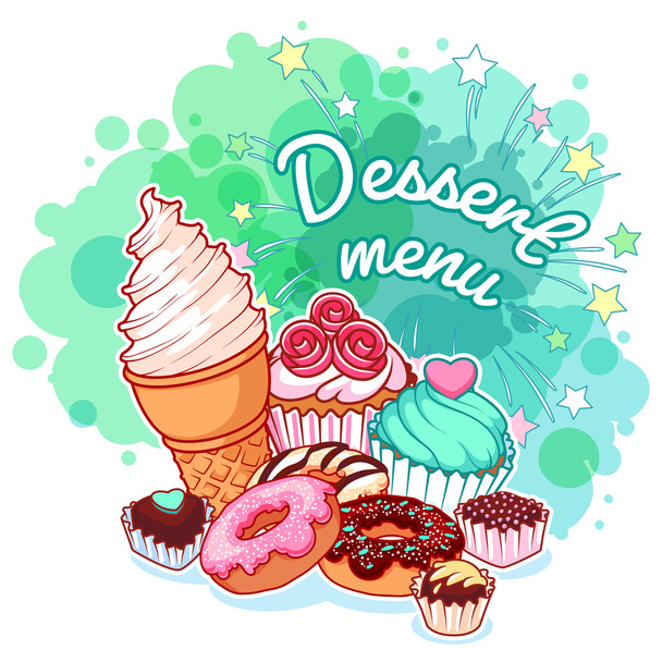 Dessert menu with different sweets: ice cream, donuts, chocolate - Vektor, obrázek