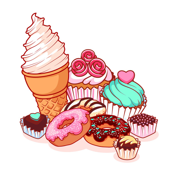 Different sweets: ice cream, donuts, chocolate candies and muffi - ベクター画像