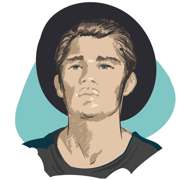 Beautiful Brunette Men a hat. Beauty Model Male. Hairstyle. Fashionable men. Freehand drawing vector. Can be used for banners, cards, covers, etc. Color illustration portrait of beautiful young men. - Vector, Image