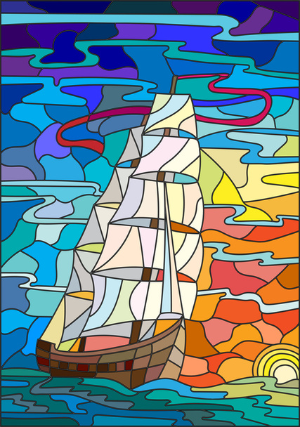 Illustration in stained glass style with sailboats against the sky, the sea and the sunrise - Vector, Image