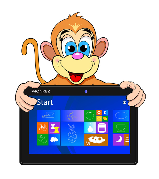 Funny monkey with tablet computer - Vector, Image