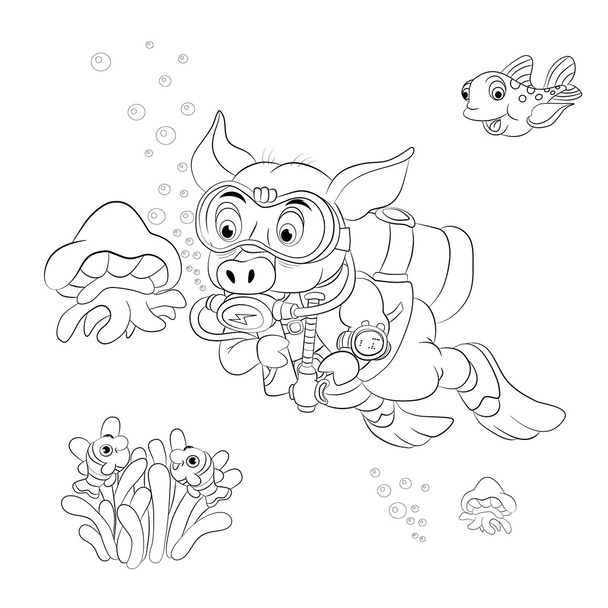 Funny cartoon pig diver - Vector, Image