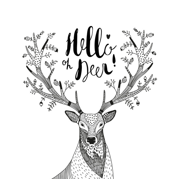 hand drawn vector illustration with a deer and tex - Vector, Image