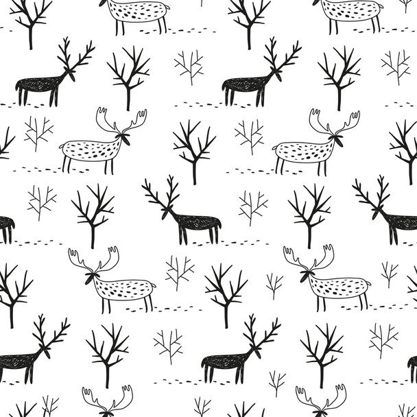vector hand drawn pattern with deers moose and trees - Vector, Image