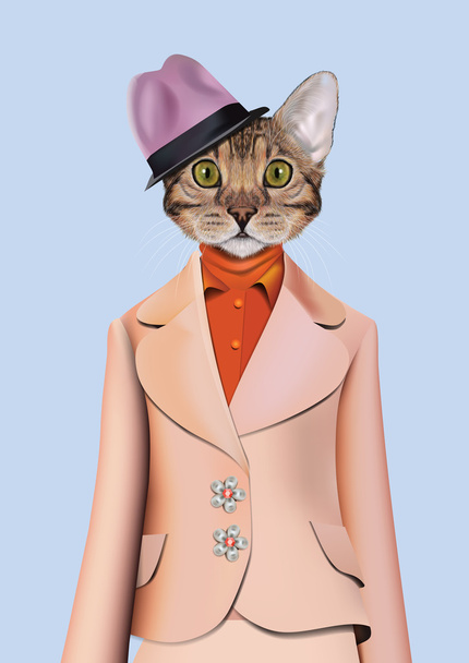 Cat girl dressed up in classic retro style. Vector Illustration of cute anthropomorphic cat wearing suit, blouse, shirt and hat. Realistic Fashion animal portrait isolated on lilac background - Vector, Image