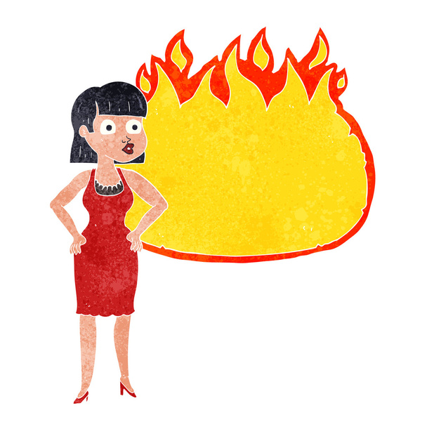retro cartoon woman in dress with hands on hips and flame banner - Vector, imagen