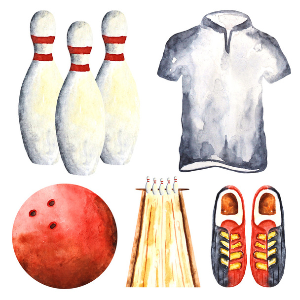 Watercolor bowling game objects - Foto, afbeelding