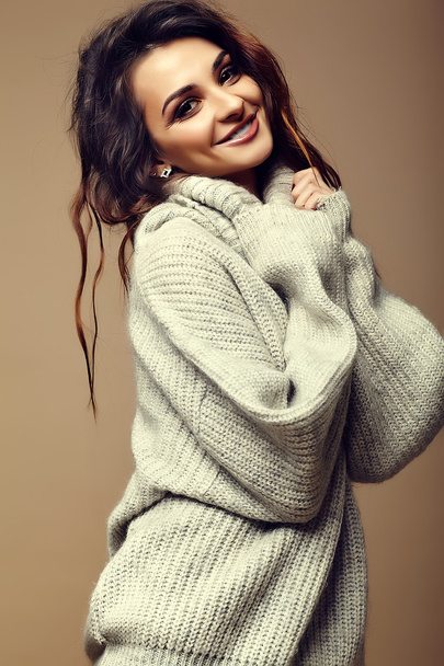 portrait of beautiful happy sweet cute smiling brunette woman girl in casual hipster warm gray sweater clothes - Φωτογραφία, εικόνα