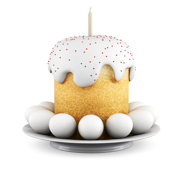 イースター ケーキと大皿に卵。3 d のレンダリング画像 - 写真・画像