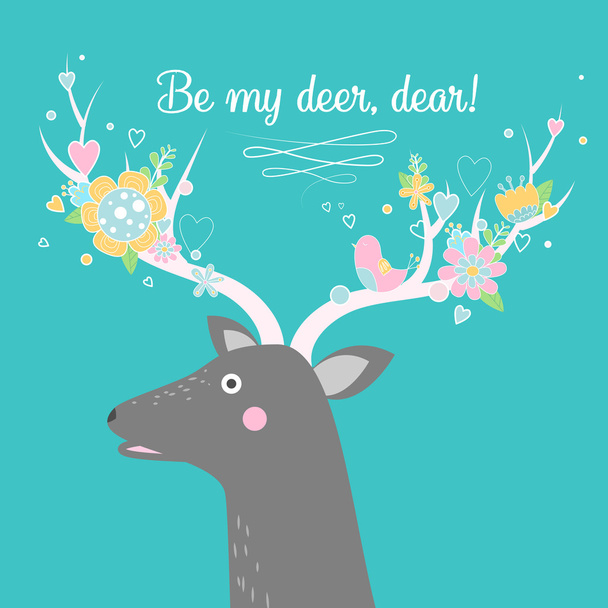 Çiçekler ile serin bir geyik Illustration. Sevgililer günü tebrik kartı. Benim geyik olmak, - Fotoğraf, Görsel