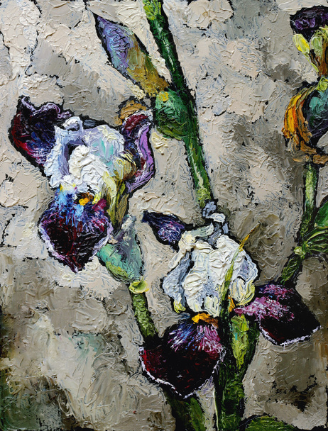 Oil painting still life with  blue violet  irises flowers - Fotoğraf, Görsel