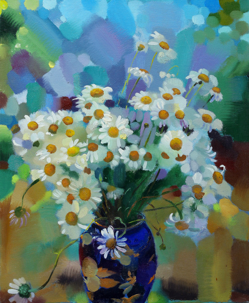 Oil painting still life with  purple  chamomileflowers - Foto, afbeelding