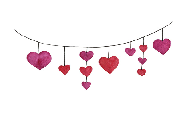 Watercolor hand drawn heart garland with red hearts - Φωτογραφία, εικόνα
