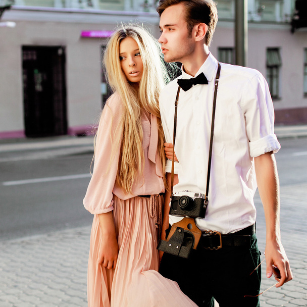 fashion hipster style couple posing - Фото, изображение