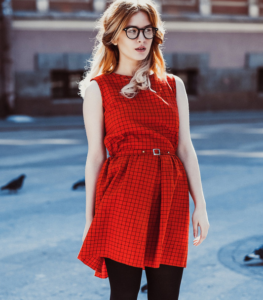 Young hipster woman wearing red dress - Φωτογραφία, εικόνα