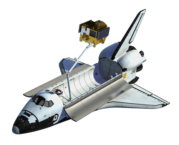 Space Shuttle telepítése műholdas fehér háttér - Fotó, kép