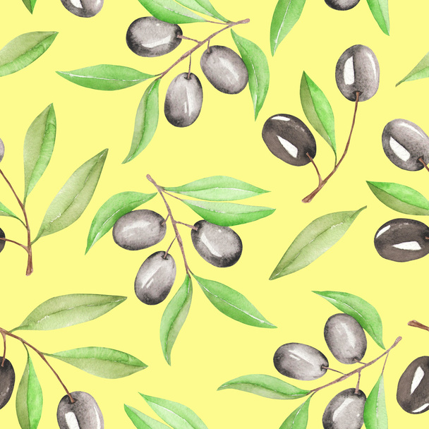 A seamless pattern with the watercolor branches of black olives on a yellow background - Fotó, kép