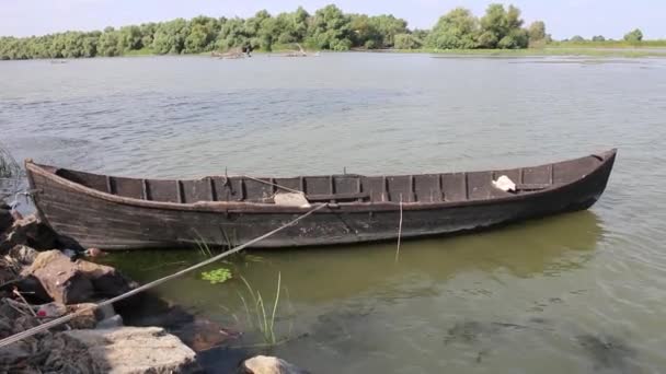 Nehire demirlemiş eski ahşap tekne yüzen - Video, Çekim