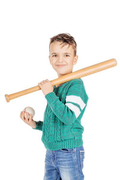 young happy boy with wooden baseball bat and ball isolated - Zdjęcie, obraz