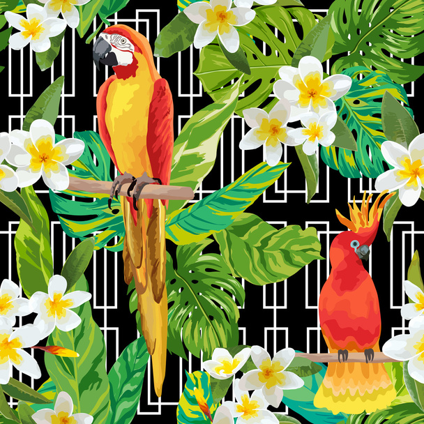 Tropical Flowers and Birds Geometric Background - Vintage Seamless Pattern - Вектор,изображение