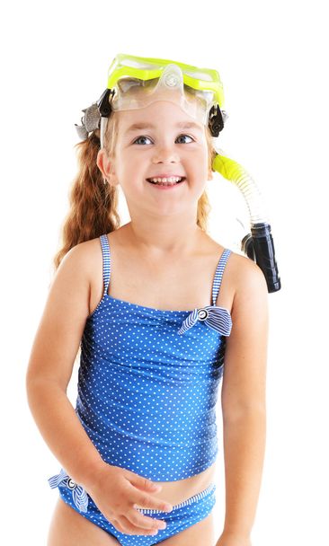 Happy little girl in blue swimsuit  - Valokuva, kuva