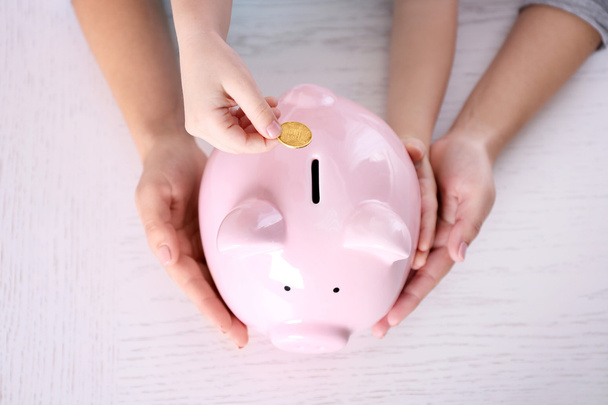 Hand putting coin in the piggy bank  - Photo, Image