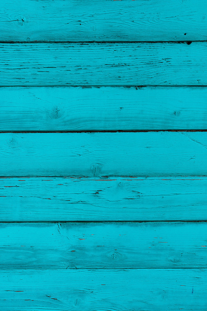 Natural wooden blue, turquoise boards, wall or fence with knots. Painted wooden vertical planks. Abstract textured background, empty template - Foto, Imagen